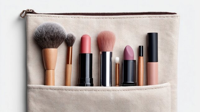 Makeup tools and lipsticks in a zippered pouch