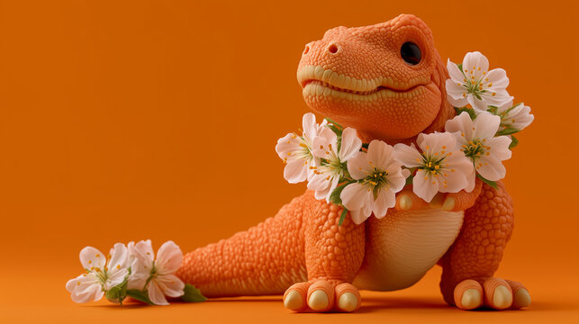 Cute orange dinosaur sits on solid orange background. White blossoms frame its neck like a floral collar. Petals spill gently near its feet. Cute, playful pose conveys charm and whimsy