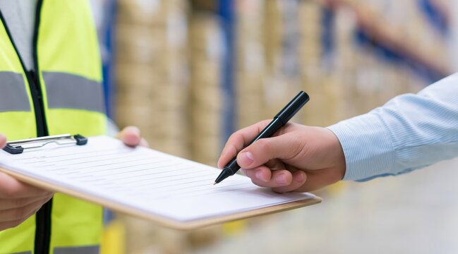 Hand signing document on clipboard held by worker in warehouse