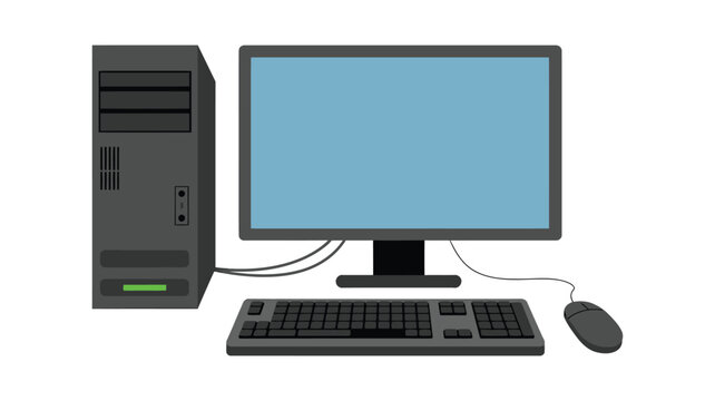 Desktop computer set, monitor tower keyboard and mouse, office workstation equipment isolated vector illustration.