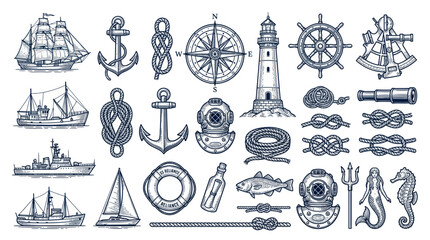 Nautical Symbols Collection: Ships, Anchors, Compass, Lighthouse, Diving Helmets © jambu