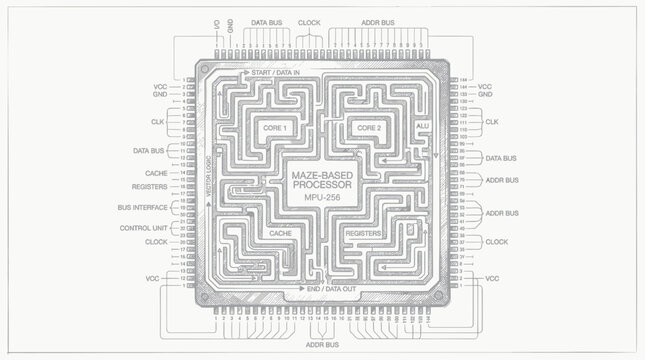 Maze-based processor diagram, microchip circuit board, technology concept, innovative design