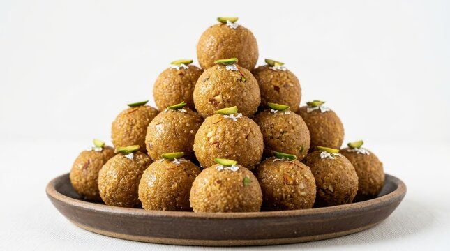A pyramid stack of delicious indian sweet laddu or ladoo garnished with pistachios and edible silver foil on a rustic plate isolated on white background