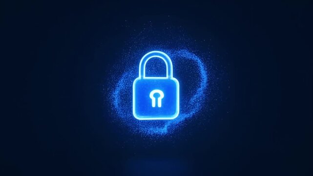 Cybersecurity data protection digital lock glowing neon blue secure network privacy concept abstract background glow security icon padlock encryption technology access safety cyber defense malware