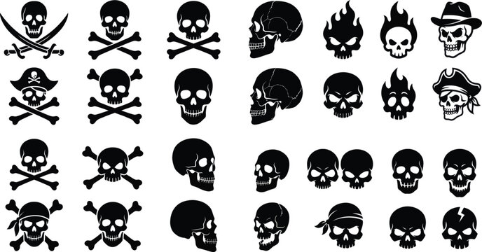 Collection of skull and crossbones vector silhouettes in various styles and perspectives