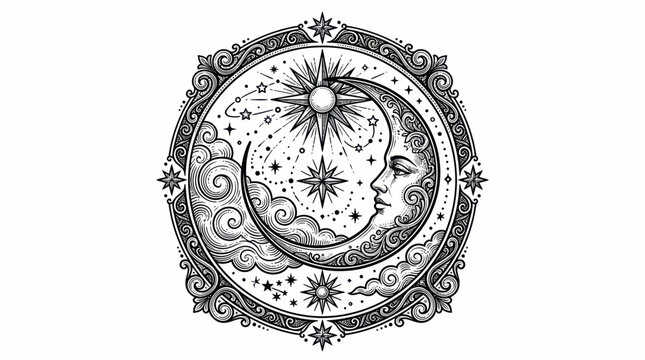 Mystical Crescent Moon with Face, Stars, Clouds, and Ornate Border