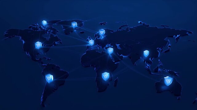 Cybersecurity global network protection shield digital map data privacy secure connection internet technology defense design with glowing blue world map conceptual illustration and secure global