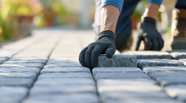 Worker hand installing stone paving on garden path