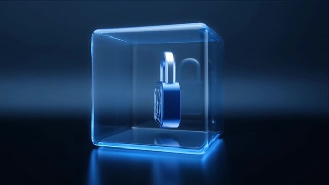 Cybersecurity padlock security data protection encryption privacy blue lock technology safety digital concept futuristic glow abstract cube modern 3d render secure network firewall access control