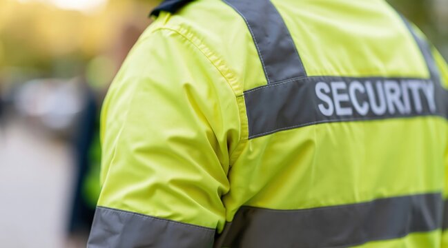 Back view of security guard wearing high visibility jacket with word security