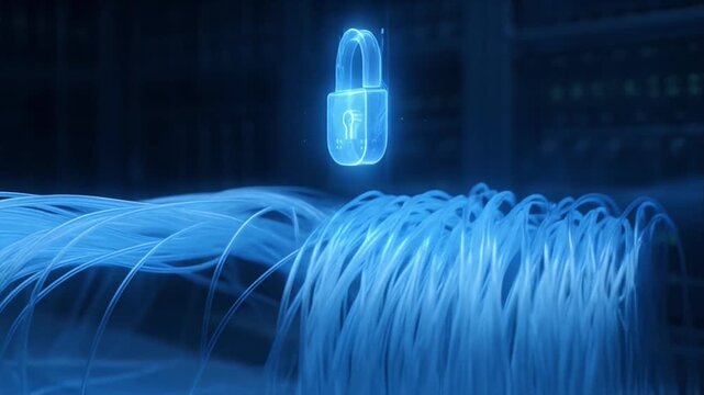 Cybersecurity data protection network safeguard with glowing padlock digital security firewall encryption privacy concept over futuristic secure server room cable network and data flow digital lock