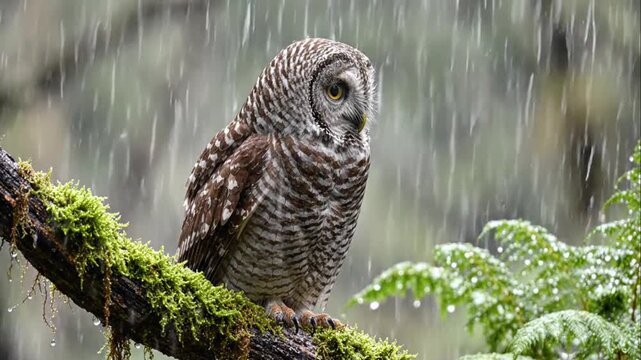 Owl Perched on Mossy Tree Branch.