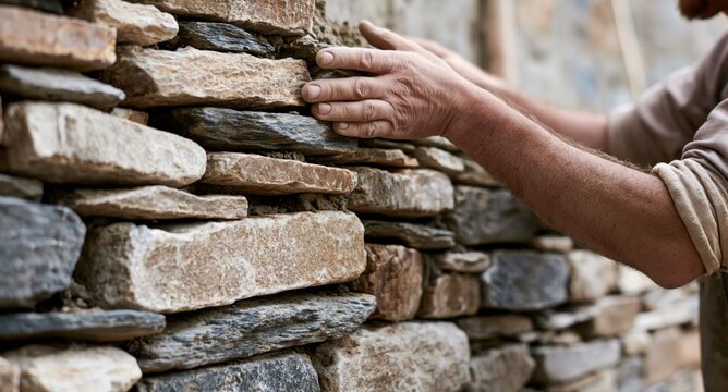Close up of mason hands building natural stone wall