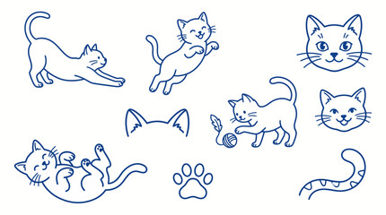 Naklejka premium A collection of simple blue outline illustrations featuring playful cats in various poses and adorable feline elements for creative design projects