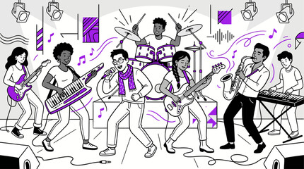 Obraz premium A diverse group of stylized musicians playing instruments in a vibrant live concert performance illustration
