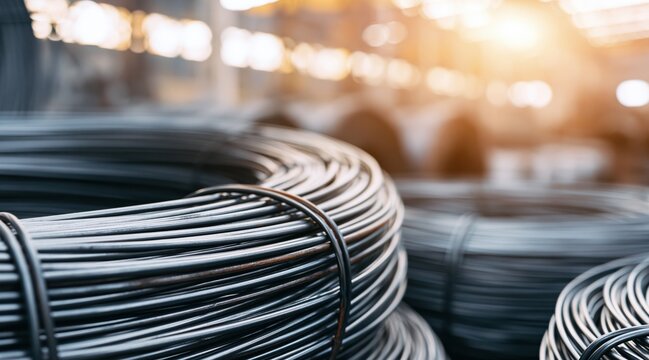 Coiled steel wire rods in industrial warehouse