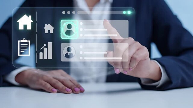Customer relationship management interface with profile accounts and user data. Businesswoman touches a virtual screen to access contacts, analytics, and reports for modern digital business solutions.