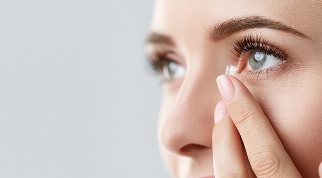 Close up of woman applying contact lens to eye