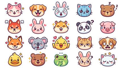 Fototapeta premium Collection of Cute Animal Faces Featuring Various Expressive Emojis and Emotional Expressions for Digital Communication and Social Messaging