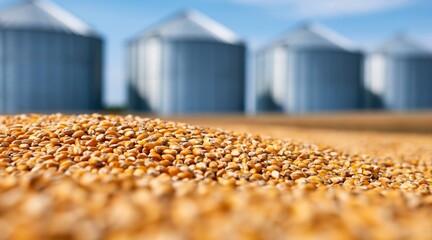 Fototapeta premium Harvested corn kernels with metal grain silos in background