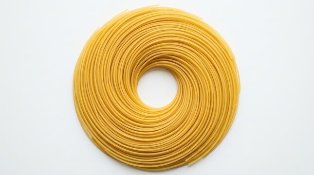Raw spaghetti pasta arranged in a circular spiral pattern isolated on white background