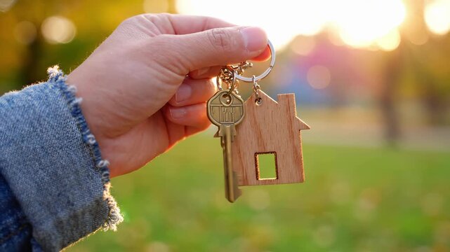 Person holds a key together with a wooden house keychain against a sunset. New home and real estate property symbolize a successful mortgage deal, ownership, investment, and a dream purchase