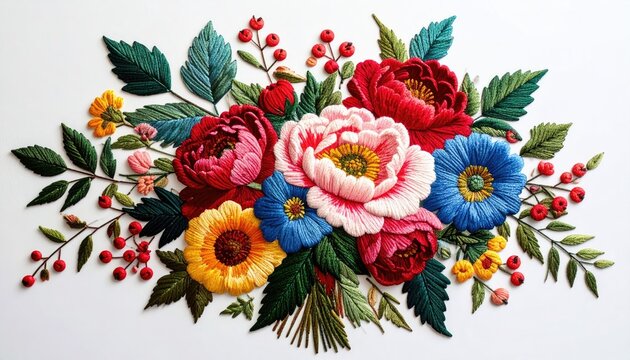 Exquisite Ribbon Embroidery Floral Arrangement with Peonies and Berries.
