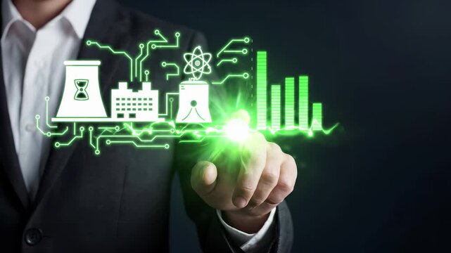Businessman touching a glowing interface of nuclear power plant icons with rising energy production graph. Atomic reactor and factory station for clean electricity generation. Modern industrial