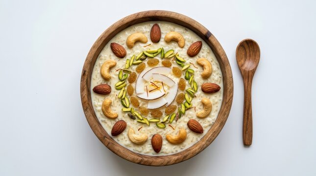 Bowl of kheer rice pudding garnished with nuts and saffron isolated on white background