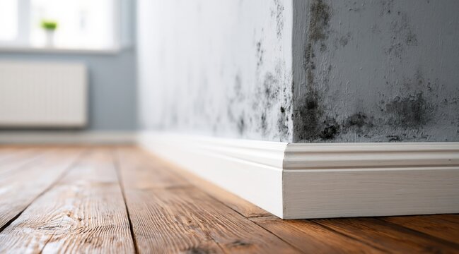 Black mold growth on wall corner and white baseboard in room