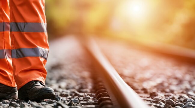Worker in high visibility clothing standing on railway track at sunset