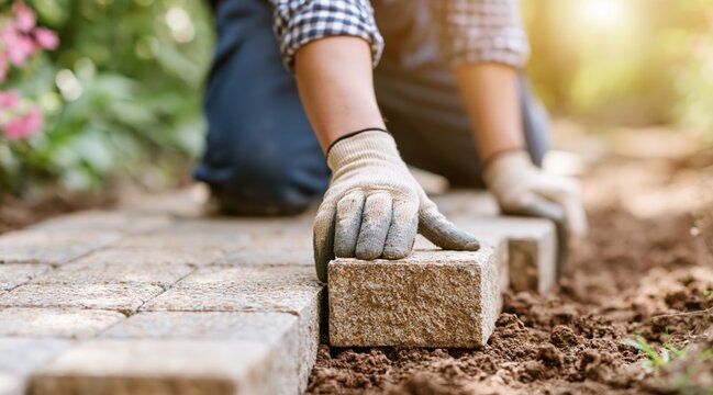 Landscaper laying stone paving for garden path