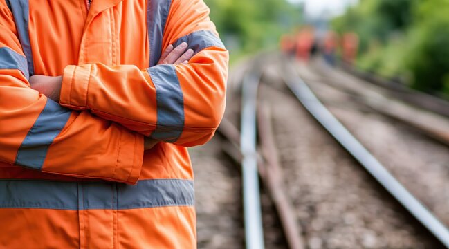Railway worker in orange high visibility jacket with crossed arms standing near train tracks