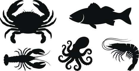 Seafood silhouettes including fish shrimp octopus crab lobster on white background for culinary design © DESIGN SHOP