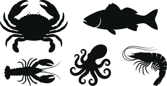Seafood silhouettes including fish shrimp octopus crab lobster on white background for culinary design