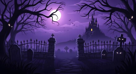 Naklejka premium Spooky halloween graveyard at night with a haunted castle under a full moon