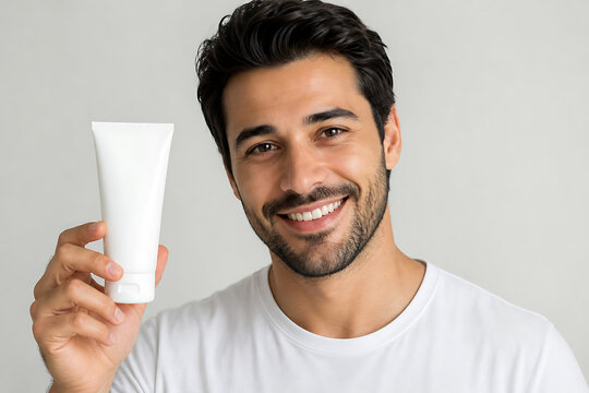 A smiling man holds up a product mockup tube of toothpaste.