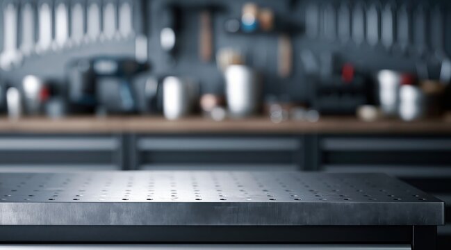 Empty steel assembly table top with holes in blurred industrial workshop background