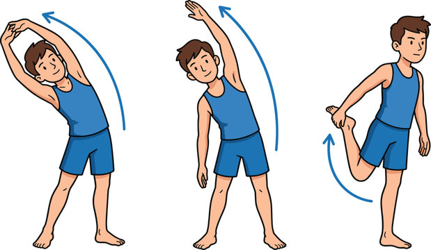 Man stretching exercise vector set, warm up workout poses, side bend, quad stretch illustration