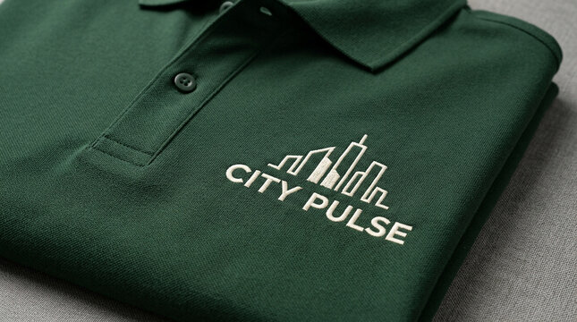 Close up of folded dark green polo shirt with embroidered corporate city pulse logo mockup
