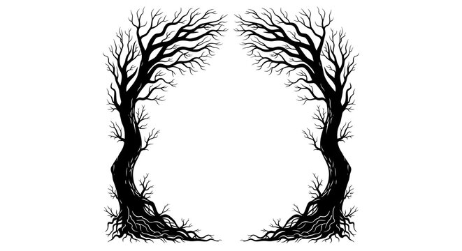 Two spooky bare trees forming a frame isolated on white background