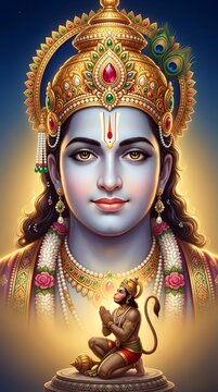 Lord Rama Portrait with Devotee Hanuman in Prayer Posture