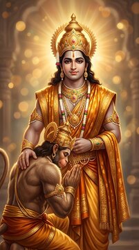 lord rama blessing kneeling hanuman hindu mythology devotional illustration