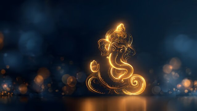 Glowing golden outline of Lord Ganesha against a dark bokeh background, symbolizing divine blessings, spiritual enlightenment, and festive celebrations.