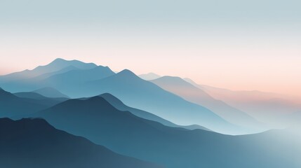 Layered blue mountain silhouettes fade into a soft pastel sunrise, creating a calm minimalist landscape with atmospheric depth. © Zidane
