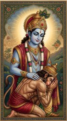 Obraz premium blue lord rama blessing kneeling hanuman with decorative border vintage illustration