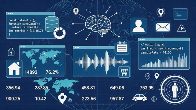 Futuristic digital interface dashboard with code, brain network, audio signal, maps, and icons, representing big data analytics, artificial intelligence, cybersecurity