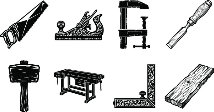 Carpentry and woodworking tool vector icon bundle featuring hand saw jack plane clamp chisel and workbench