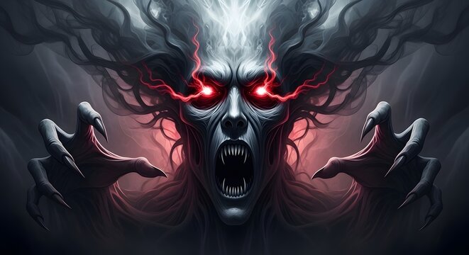 Terrifying demon with glowing red eyes and sharp fangs