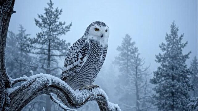 Snowy Owl Perched on Tree Branch.